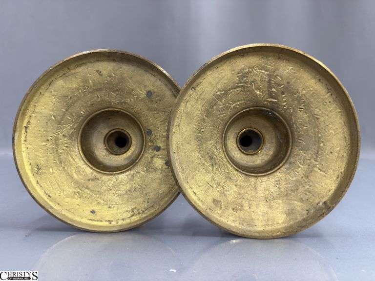 2 Brass Candle Sticks 6" Round Base, 16" Tall