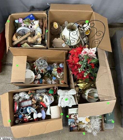 SKID of Boxed Lots, Garden Statue, Parlor Chair Plant Stand, Angels, Ornaments, Bells, Milk Glass Baskets, Figural Bells, Frames, Art Glass Paperweights, SKID is Not Included image