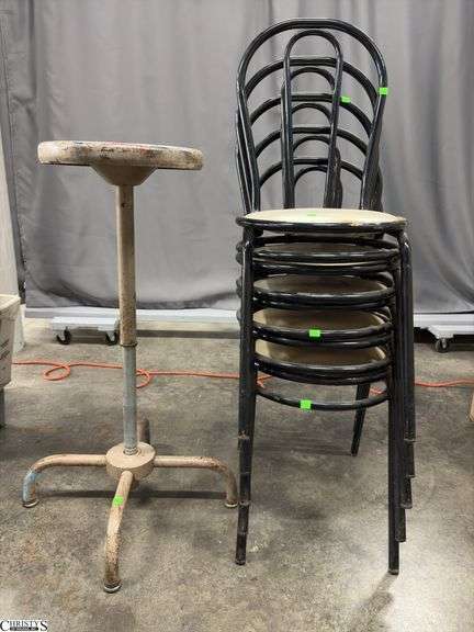 5 Metal Chairs and Metal Stool - 34" of stool as sits - all shows wear image