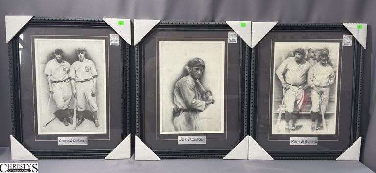 3 Black & White Baseball Prints with Matching Frames.  Joe Jackson, Gehrig & DiMaggio, and Ruth & Gehrig.  18 1/2" X 23"