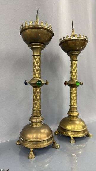 Gothic Revival Style Brass Pricket Candle Sticks 16"