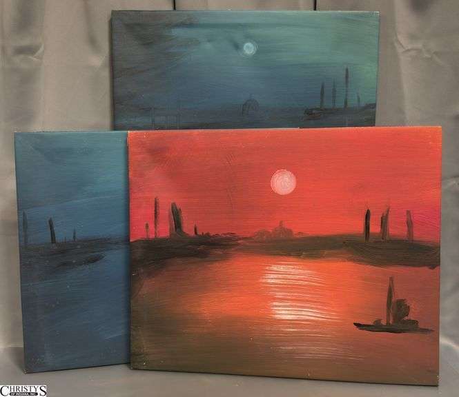 3 Mixed Media and Oil on Canvas, By Alummoa Zumigo, Sunset Sail, Moonlit Canals, Hues of Red, and Blues 27x22"