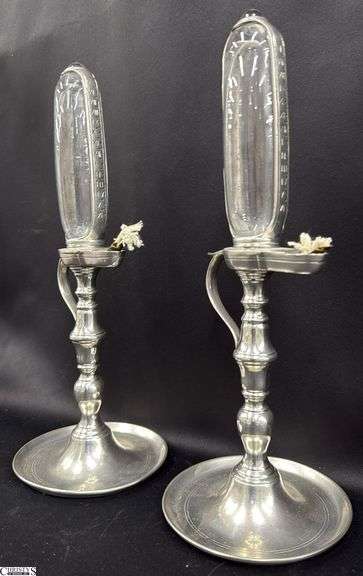 Pair of Pewter Whale Oil Clocks 13.5"