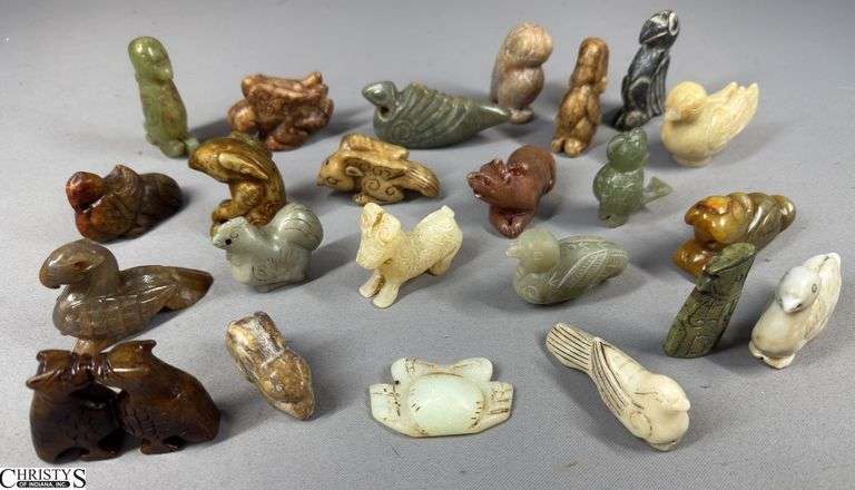 23 Small Carved Figures.  Many Made from Jade. image