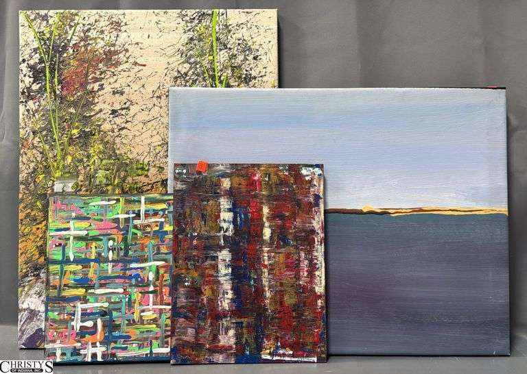 4 Painting on Canvases and Board, Abstracts and Beach Scene, Some Signed See Photos Largest Measures 20x25"