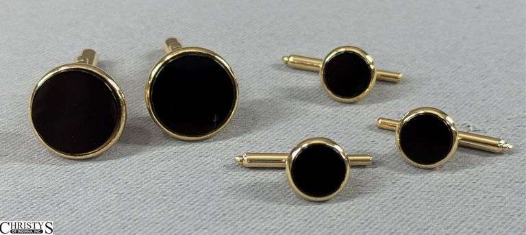 2 Cuff Links and 3 Matching Shirt Studs.  Round Black with Gold Color Accent image
