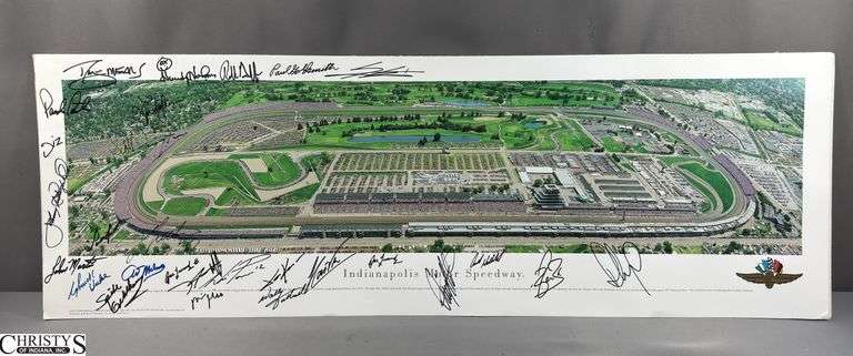 Indianapolis Motor Speedway 40" X 13.5" Areal Photo with Autographs.  Signatures Include Andy Hillenburg, Paul Goldsmith, Johnny Rutherford, DIZ, John Martin, and Many Others. image