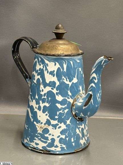 4 Blue and White Enamel Swirl Large Coffee Pot, Milk Jug, 2 Coffee Pots - Some wear/chipping - 12" of tallest