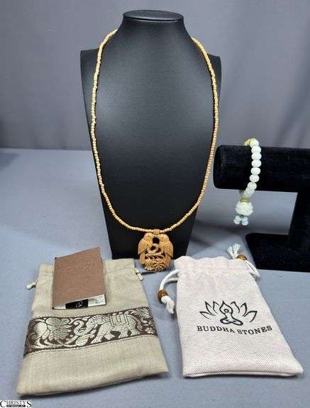 Novica Collection (India) Lovebirds Inspired Necklace in Fabric Bag and a Bracelet in a Buddha Stones Canvas Bag image