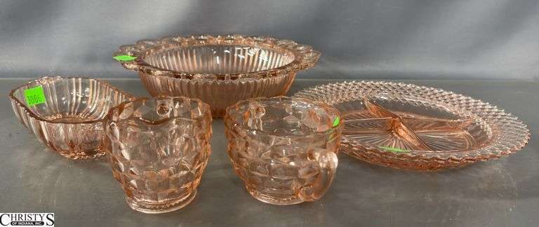 5 pcs Pink Depression Glass - Cream and Sugar, Bowl, Divided Plate, and Dish - 10" of bowl image