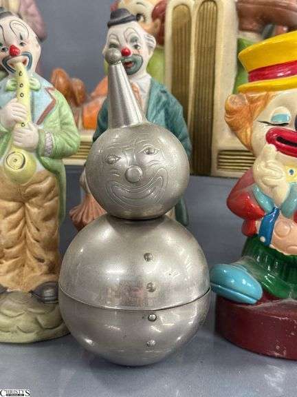 Clown Collectibles, Roly Poly Clown Bank, Lefton Bookends, Marked Taiwan Figurines, And Composite Bank, Tallest 8"
