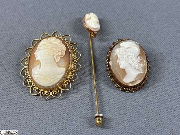 3 Cameo Type Pins.  The Stick Pin is Marked 10K and Has A Tiny Diamond. image