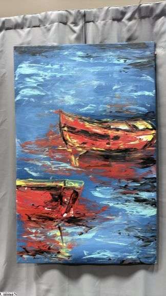 Antonio Garcia Red Boats #2, Acrylic Painting on Canvas, Measures 35x56"
