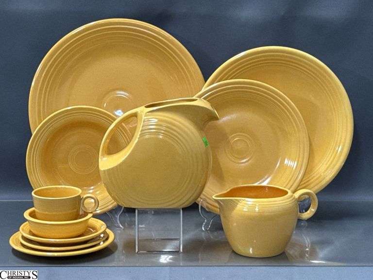 11pcs Fiesta Yellow Dishes - Charger Platters, Large Disk Pitcher, Saucers, Plate, 2 Pint Pitcher- 14" of largest image