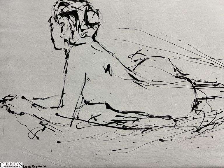 2 Black Acrylic Paint on White Canvas Body Portraits, Figure #14 & 15 Signed Luis Espinoza Measures 27x22"