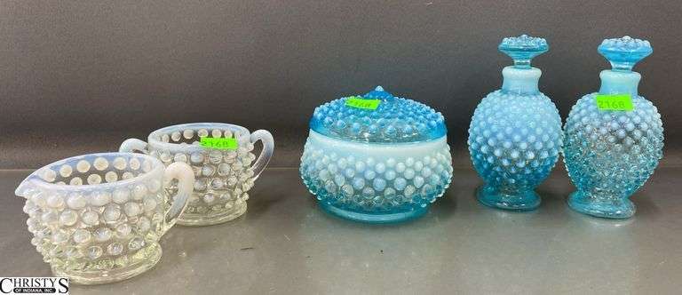 Fenton Opalescent Hobnail Vanity Bottles, Dish, Cream and Sugar - 4.5" of bottles image