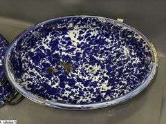 Blue and White Swirl Enamelware Roaster - Some wear, chipping - 18"