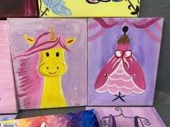 8 Painting Party Canvases, Pinks, Dresses, Unicorns, Butterfly Each Measures 11x14"