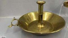 2 Brass Candle Holders, Push up With Large Drip Pan 11" Across 5.5" Tall, and Extended Handle on The Other