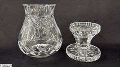 Pair of Signed Roy Cunningham Waterford Crystal Penrose Hurricane Lamps 9" Total Height
