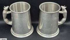 Pair of Sheffield Pewter Tankards With Fox Handles and Clear Bottom 5"