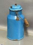 3 Enamelware Coffee Pots and Small Lidded Jug - 10" of tallest - some wear, chipping