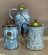 3 Swirl Enamelware Coffee Pot and Milk Jugs - 9" of tallest - some wear, chipping