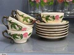 Franciscan Desert Rose Glasses, Mugs, Teacups and Saucers - 7" of largest, some chipping - Approx 36pcs