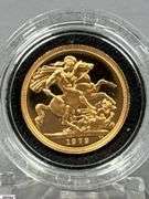 1979 United Kingdom Proof Sovereign Gold Coin in Box with a Portrait of Queen Elizabeth II on One Side and Depicts Saint George Slaying a Dragon on the Reverse Side