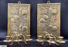 2, Brass Late Victorian Aesthetic Movement, Bruce Talbert Style, Embossed With Apples And Blossom, Three Arm Candle Sconces 8x14"