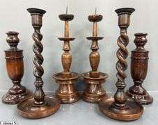 6pcs, 3 Pair of Wooden Candlesticks with Barley Twist and Pricket Style Tallest Pair 14"