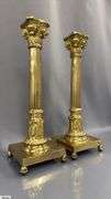 Two Brass Column Style Candle Sticks With Square Bases 16.5" 16.5"