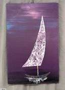 Samuel Tinoco Midnight Sailing, Purple Background Acrylic Painting On Canvas 35x56"