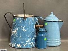 3 Enamelware Coffee Pots and Small Lidded Jug - 10" of tallest - some wear, chipping