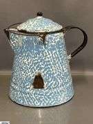 2 Blue and White Swirl Enamelware Coffee Pots - 11" of tallest - Some wear, chipping