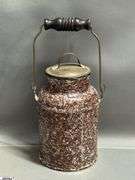 3pcs Swirl and Spatter Enamelware Milk Jugs - One missing lid - 8" of tallest - Some wear, chipping