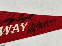 Indianapolis Speedway Autographed Pennant.  Autographs include Jim Nabors, Tom Sneva, Johnny Rutherford, Michael Andretti, Robby Buell, Eddie Cheever, Billy Boat, Rodger Ward, Poncho Carter, Jim Rathmann, Robby Unser, Scott Goodyear and Others