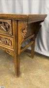 Chinese Carved Three Drawer Table 42.5x24x32.5" Tall Does Have Some Wear From Age