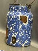 3pcs Swirl and Spatter Enamelware Milk Jugs - One missing lid - 8" of tallest - Some wear, chipping