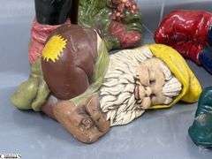 7 Garden Gnomes Tallest 17", Some Concrete Filled, One Composite, Some Chips and Wear