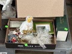 SKID of Boxed Lots, Garden Statue, Parlor Chair Plant Stand, Angels, Ornaments, Bells, Milk Glass Baskets, Figural Bells, Frames, Art Glass Paperweights, SKID is Not Included
