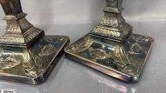 2 Pair of Candle Sticks, Sheffield Has Mark, Other Pair Has Damage To Base 12.5"