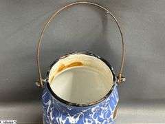 3pcs Swirl and Spatter Enamelware Milk Jugs - One missing lid - 8" of tallest - Some wear, chipping