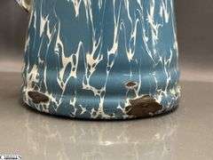 4 Blue and White Enamel Swirl Large Coffee Pot, Milk Jug, 2 Coffee Pots - Some wear/chipping - 12" of tallest