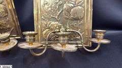 2, Brass Late Victorian Aesthetic Movement, Bruce Talbert Style, Embossed With Apples And Blossom, Three Arm Candle Sconces 8x14"
