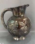 Meriden Silver Plate Co. Pitcher, Hammered Style with Lizard and Bird Embellishments, 8"