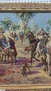 Framed Tapestry, Middle Eastern Marketplace Scene With People, Camels, and Horses Measures 60x24"