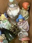 SKID of Boxed Lots, Garden Statue, Parlor Chair Plant Stand, Angels, Ornaments, Bells, Milk Glass Baskets, Figural Bells, Frames, Art Glass Paperweights, SKID is Not Included