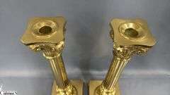 Two Brass Column Style Candle Sticks With Square Bases 16.5" 16.5"