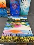 10 Painting Party Canvases, Park Bench, and Other Landscape Scenes Each Measures 16x20"